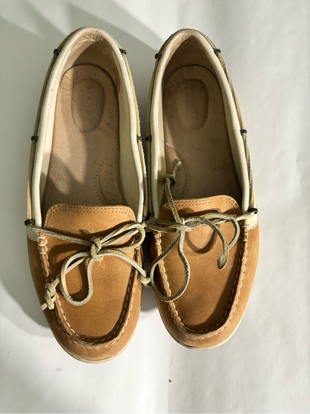 Sperry Tan Leather Moccasin Boat Shoes with Cream Trim